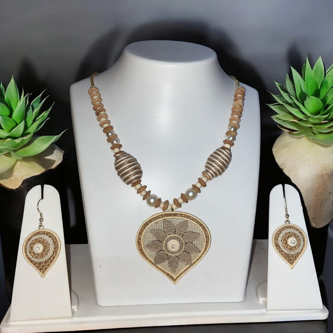 Handcrafted Jute Necklace Set for Women - Beige Color