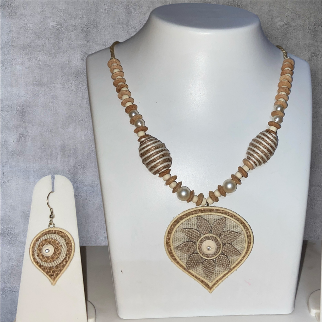 Handcrafted Jute Necklace Set for Women - Beige Color