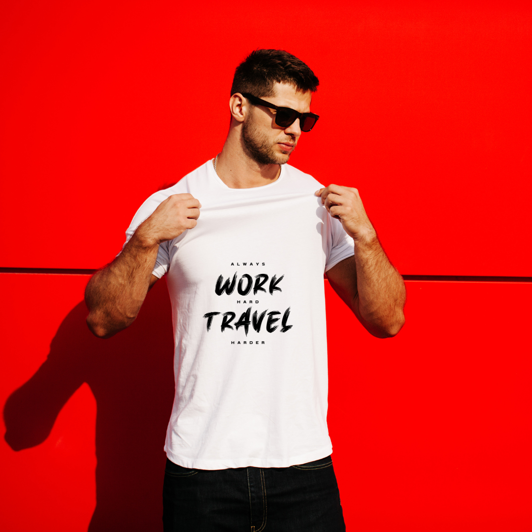 Men's White Round Neck "Work Hard, Travel Harder" T-Shirt