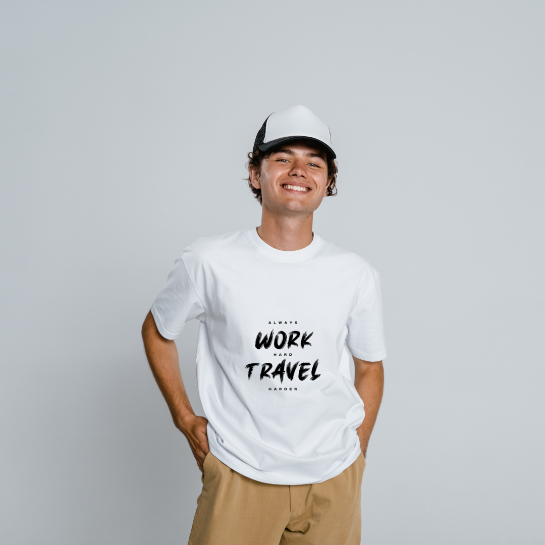 Men's White Round Neck "Work Hard, Travel Harder" T-Shirt