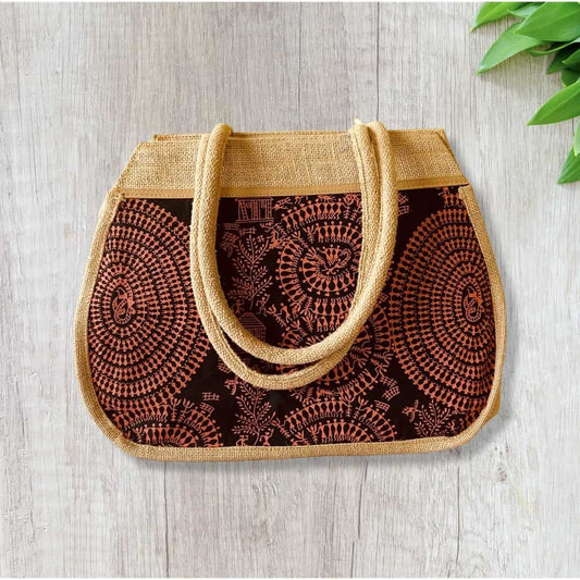 Handprinted Women Handbag - Shopping Handbag - Jute Travel Handbag - Large Shoulder Bag