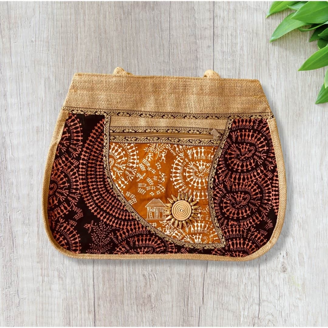 Handprinted Women Handbag - Shopping Handbag - Jute Travel Handbag - Large Shoulder Bag