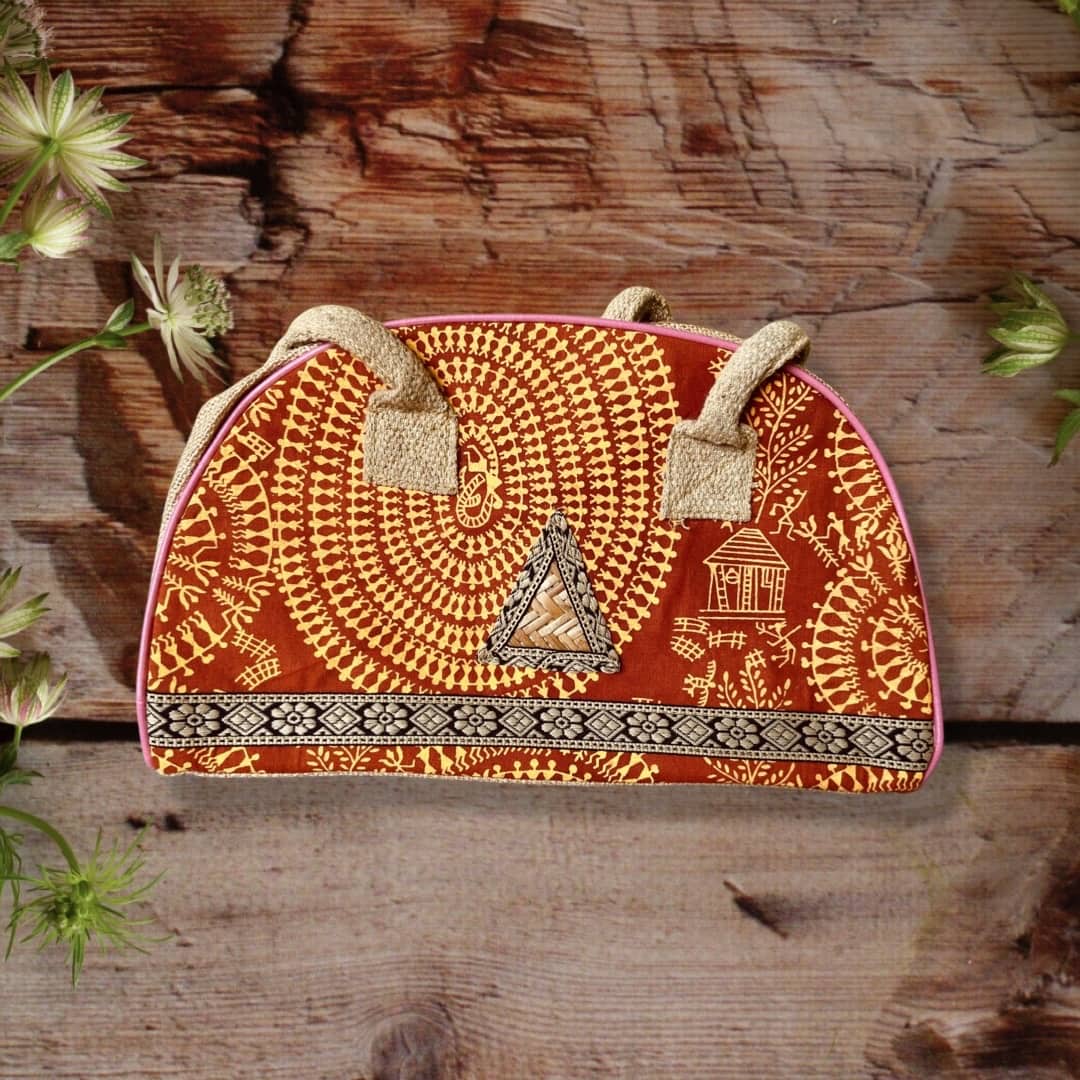 Handprinted Women Handbag - Shopping Handbag - Jute Travel Handbag - Small Hand Bag