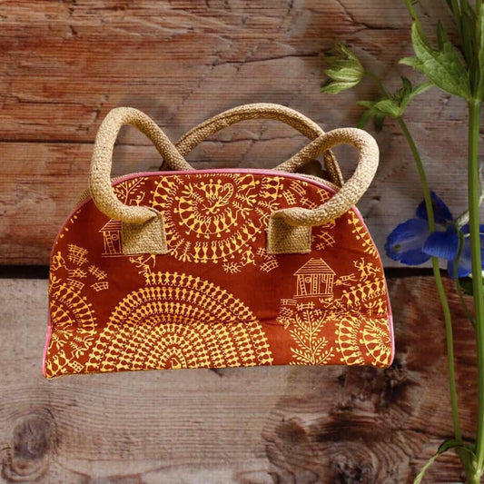 Handprinted Women Handbag - Shopping Handbag - Jute Travel Handbag - Small Hand Bag