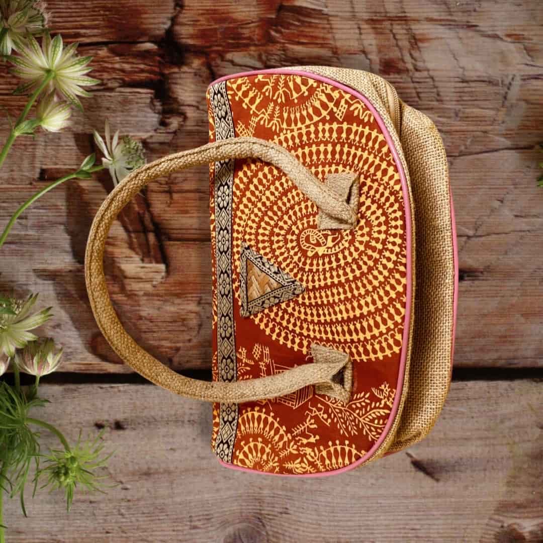 Handprinted Women Handbag - Shopping Handbag - Jute Travel Handbag - Small Hand Bag