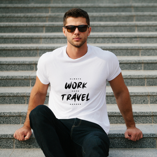Men's White Round Neck "Work Hard, Travel Harder" T-Shirt