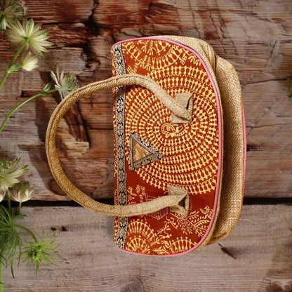 Handprinted Women Handbag - Shopping Handbag - Jute Travel Handbag - Small Hand Bag
